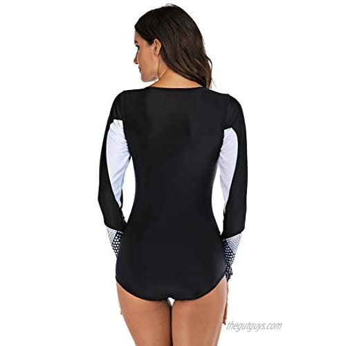 SGZ Womens Long Sleeve Rash Guard UV UPF 50+ Sun Protection Printed Zipper Surfing One Piece Swimsuit