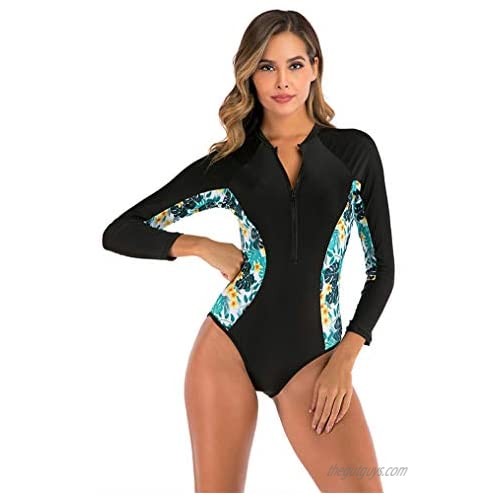 SIAOMA Women's One-Piece Rash Guard Long Sleeve Zipper Printed Surfing Bathing Suit Swimwear