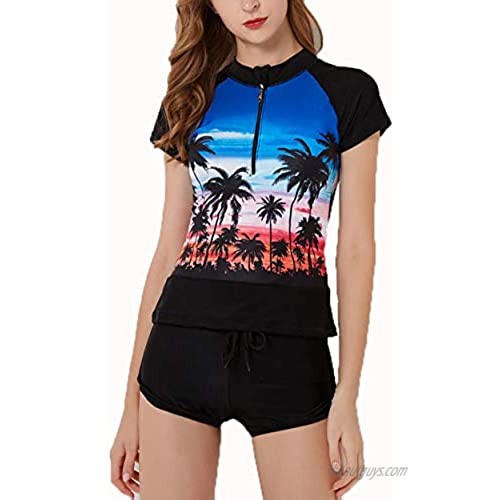 UR MAX BEAUTY Women's Two Piece Short Sleeve Rash Guard UV Sun Protection Printed Surfing Swimsuit Swimwear Bathing Suit