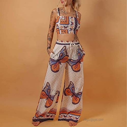 Women's Summer 2 Piece Set Boho Outfits Loungewear Set Butterfly Print Tank Tops Camis & Long Pants Set Athletic Pants