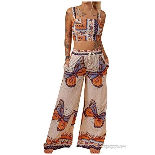 Women's Summer 2 Piece Set Boho Outfits Loungewear Set Butterfly Print Tank Tops Camis & Long Pants Set Athletic Pants