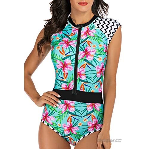 Women's Surf UV Sun Protection Zipper Printed Short Sleeve One Piece Swimsuits