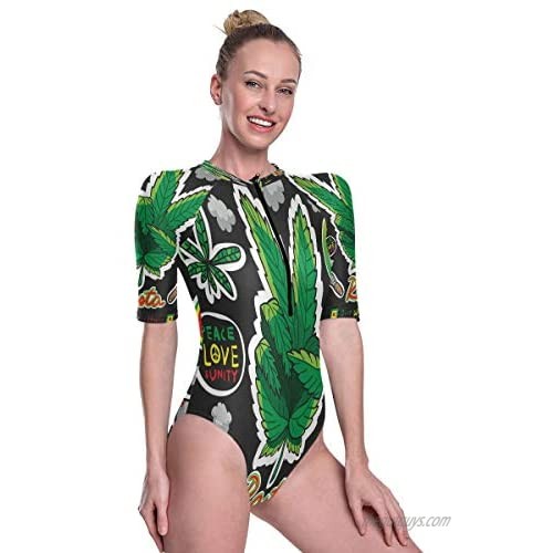 Womens Zip Up Printed Short Sleeve 1 Piece Rash Guard Swimsuit Red Yellow and Green Weed Reggae Style Swimwear