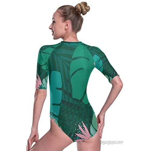 Womens Zip Up Printed Short Sleeve 1 Piece Rash Guard Swimsuit Summer Tropical Lotus Flowers Leaf Swimwear