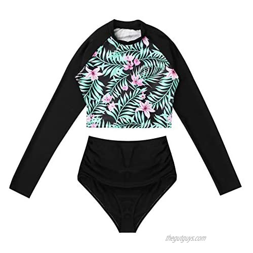 YUUMIN Womens Fashion Long Sleeves Rash Guard Two Pieces Floral Print Bathing Suit Swimwear