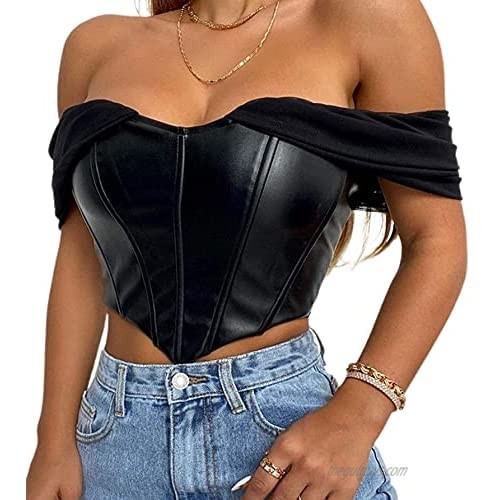 Avanova Women's Sexy Mesh Short Sleeve Patchwork PU Leather Corset Crop Tank Top