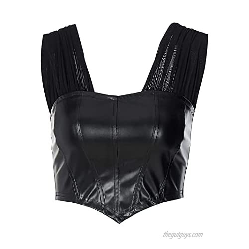 Avanova Women's Sexy Mesh Short Sleeve Patchwork PU Leather Corset Crop Tank Top