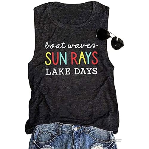 Boat Waves Sun Rays Lake Days Tank Tops Women Lake Life Shirt Summer Beach Vacation Sleeveless Tees Vest