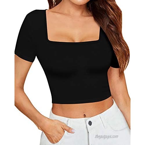 CLOZOZ Women's Square Neck Short Sleeve Basic T-Shirt Crop Top