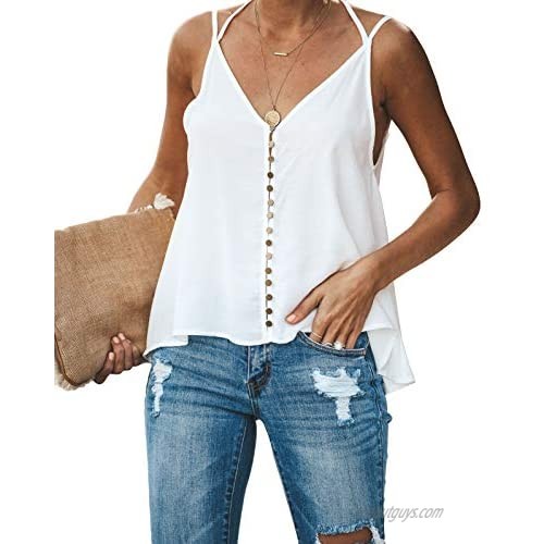 GAMISOTE Women's Sexy V Neck Camis Tops Halter Buttons Spaghetti Strap Backless Swing Tank Shirts