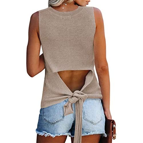Pink Queen Women's Sleeveless Casual Knit Tie Top Cut Out Camis Tank Crew Neck Shirts