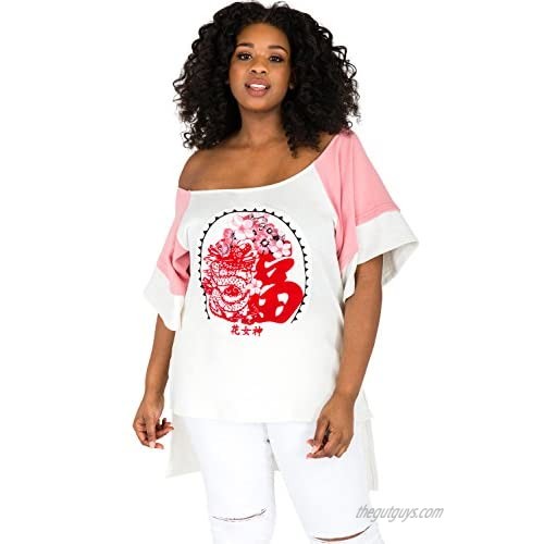 Poetic Justice Plus Size Curvy Women's Chinese Character Boatneck High Low Tops