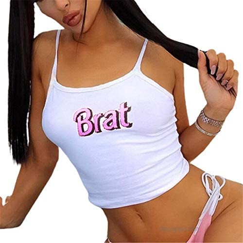 Women Sexy Brat Letter Square Neck Printed Tank Tops Girls Thin Spaghetti Straps Slim Camisole Crop Top