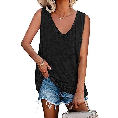 Yskkt Womens V Neck Summer Tank Tops Plus Size Sleeveless Flowy Casual Basic Tunic Tee Shirts with Pocket