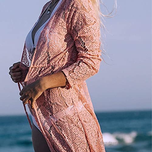 3UMeter Women's Bathing Suit Cover Up Lace Open Front Kimono Cardigan for Summer Fun Pink