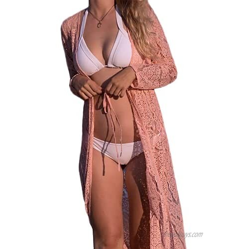 3UMeter Women's Bathing Suit Cover Up Lace Open Front Kimono Cardigan for Summer Fun Pink