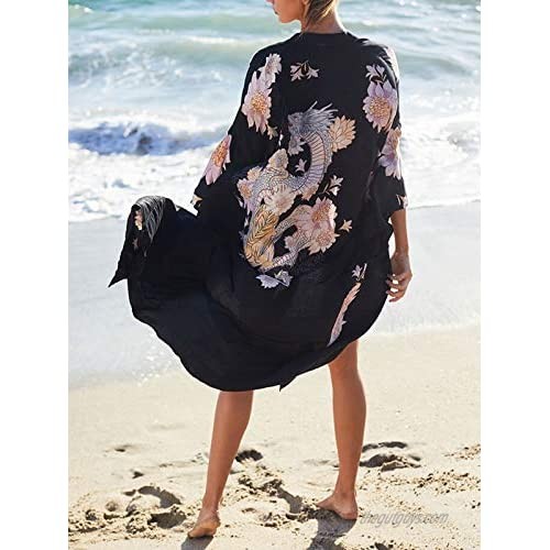 Chunoy Women Casual Loose Open Front Caftan Kimono Long Bathing Suit Beach Wear Cover Up