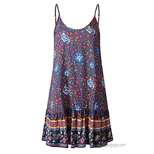 ECHOINE Womens Casual Summer Beach Dress - Boho Floral Print Swing Spagehetti Strap Cami Mini Short Shift Dress Sundress