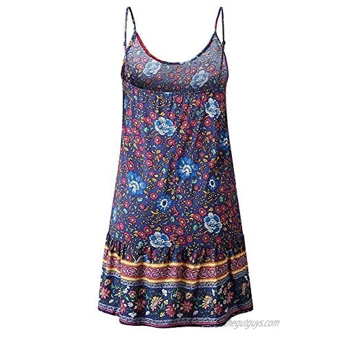 ECHOINE Womens Casual Summer Beach Dress - Boho Floral Print Swing Spagehetti Strap Cami Mini Short Shift Dress Sundress