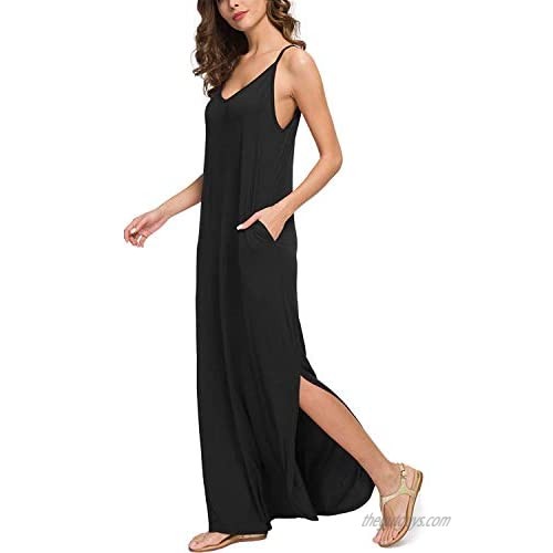 LAMISSCHE Womens Sleeveless Strappy Cami Maxi Long Dress V Neck with Pockets Beach Cover Up Slits