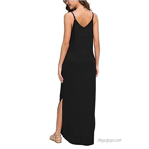 LAMISSCHE Womens Sleeveless Strappy Cami Maxi Long Dress V Neck with Pockets Beach Cover Up Slits