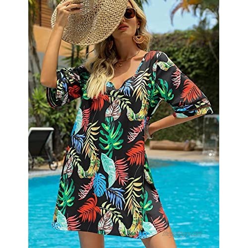 LOLLO VITA Swimsuit Cover Ups Summer Mini Dress Backless V Neck Cover-up Bikini Dress Beachwear Casual Tunic Dress