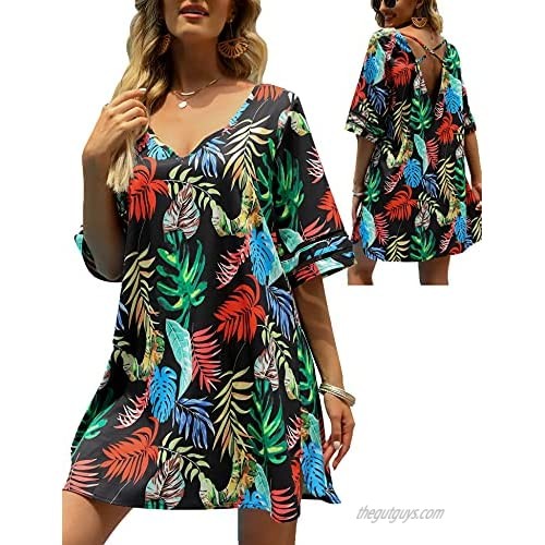 LOLLO VITA Swimsuit Cover Ups Summer Mini Dress Backless V Neck Cover-up Bikini Dress Beachwear Casual Tunic Dress