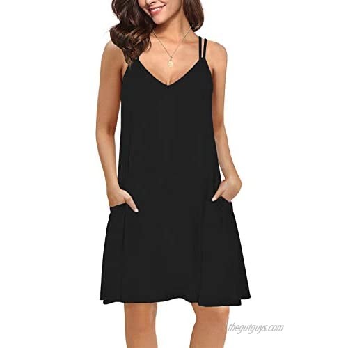 Moyabo Women's Summer V Neck Double Spaghetti Strap Casual Swing Tank Beach Cover Up Dress with Pockets