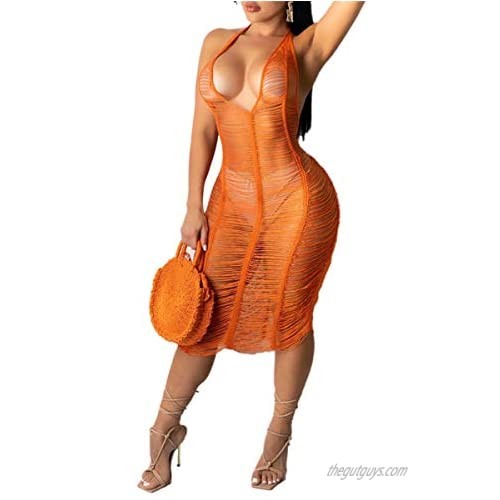 Remxi Women's Sexy Hollow Out Knitted See Through Mesh Beach Dress Backless V-Neck Swimsuit Cover Ups Casual Sheer Dresses