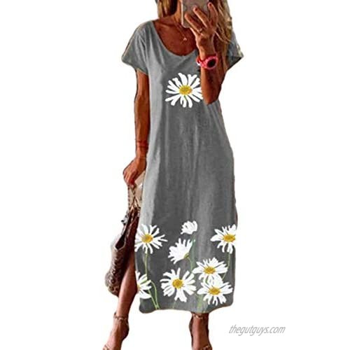 Summer Maxi Dress for Women Sundress Short Sleeve Floral Loose Casual Beach Graphic Sunflower Dresses