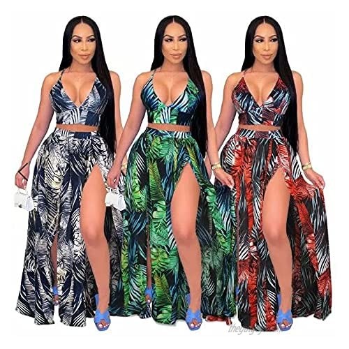 Two Piece Outfits for Women Summer - Sexy Floral Crop Top + Side Split Maxi Skirt Set