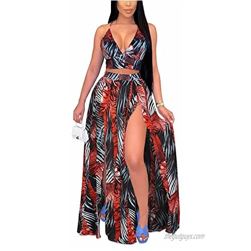 Two Piece Outfits for Women Summer - Sexy Floral Crop Top + Side Split Maxi Skirt Set