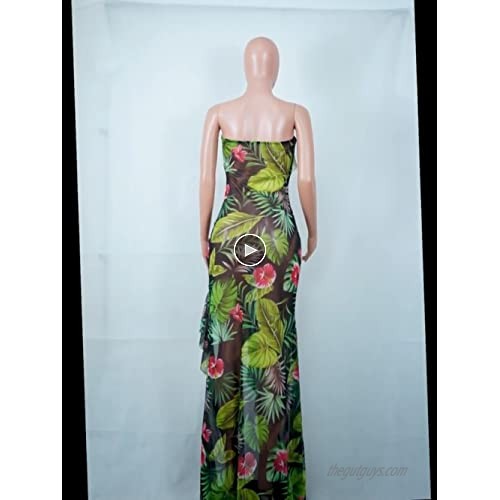 Women's Sexy Strapless Maxi Dress - Off The Shoulder Floral Tube Ruffle Slit Beach Sundress