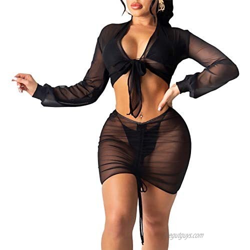 Women's Sexy Swimsuits Mesh Cover Ups 2 Piece Outfits Long Sleeve Shrug Bolero + Ruched Skirts Sets