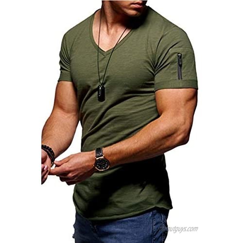 Veatzaer Mens Short Sleeve Zipper V Neck Solid Color T-Shirt Casual Workout Slim Cotton Top Tee