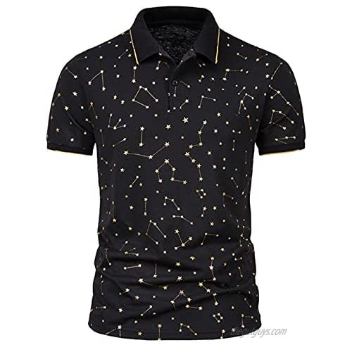 ZSNB 2021 Cotton Stretch Men T-Shirt Fashion Bronzing Print Men's Short-Sleeved Casual Men's Lapel Button Button Shirt