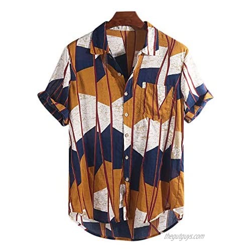 Flygo Mens Short Sleeve Front-Pocket Button Down Tropical Hawaiian Stripes Printed Shirts
