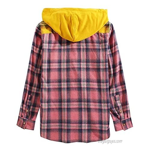 LifeHe Men's Hooded Plaid Shirts Colour Block Long Sleeve Button Down Corduroy Patchwork Shirt Jackets