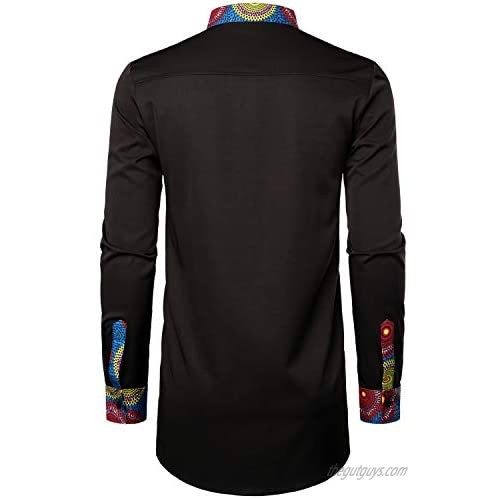 LucMatton Men's Stylish African Pattern Patchwork Design Long Sleeve Nehru Collar Elongated Dashiki Shirt