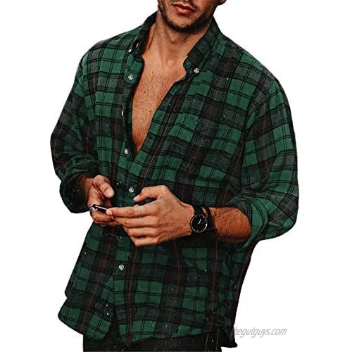Mens Plaid Flannel Shirt Long Sleeve Button Down Collar Regular Fit Shirts with Pocket