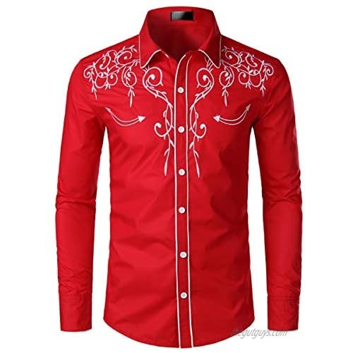 Men's Retro Leaf Embroidery Long Sleeve Button Down Western Shirt