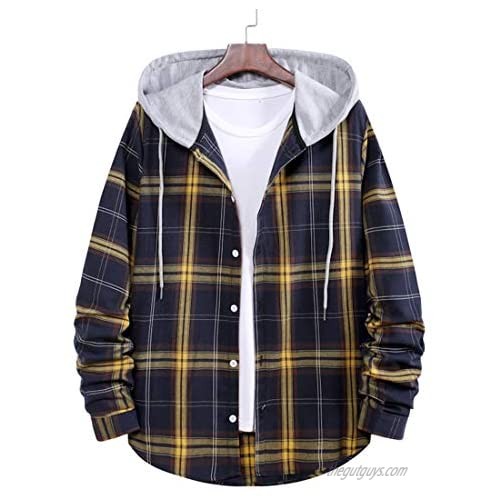 Omoone Men's Button Up Long Sleeve Plaid Hooded Shirt Jacket Check Hoodie Shirts