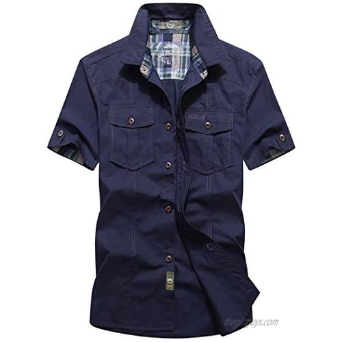 Real Spark Men's Cotton Solid Short Sleeve Military Cargo Tactical Button Down Shirts