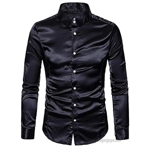 Men's Shiny Satin Dress Shirt Regular Fit Long Sleeve Button Down Solid Silk Formal Shirts Tops