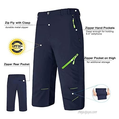 BIYLACLESEN Men's 3/4 Capri Pants Lightweight Quick Dry Hiking Shorts with 4 Zipper Pockets
