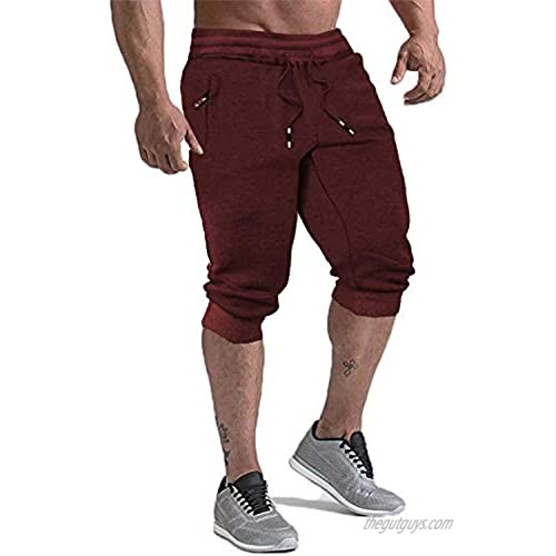 KEFITEVD Men's Cotton 3/4 Joggers Pants Workout Gym Shorts Running Capris with Zipper Pockets