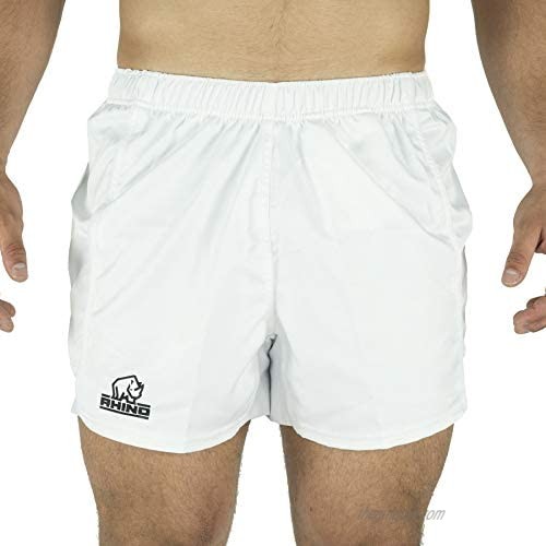 Rhino Rugby | Performance Game Shorts | Mens Athletic Short | 100% Polyester | Fitness Training and Sport Apparel | White | Size L