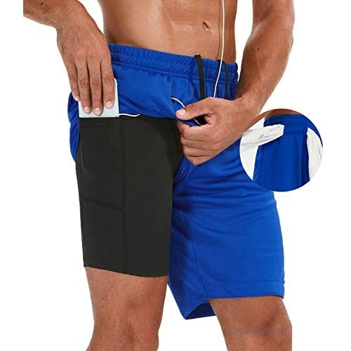 SILKWORLD Mens 2 in 1 Athletic Running Gym Workout Shorts with Zipper Pockets & Towel Loop