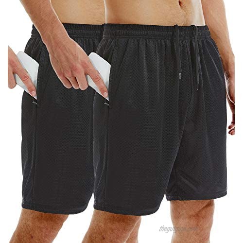 Vogyal Mens Mesh Athletic Shorts for Gym Workout & Running Sports with Zipper Pockets 2 Pack Black+Black US