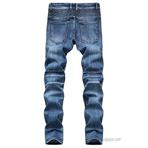 HiLY Mens Ribbed Jeans Stretch Straight Fit Denim Pants Washed Biker Distressed Destroyed Jeans